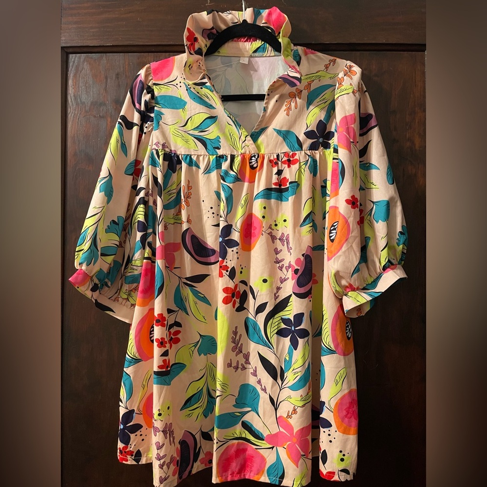 Women’s Floral Print Ruffle Collar Tunic Blouse | Size Large